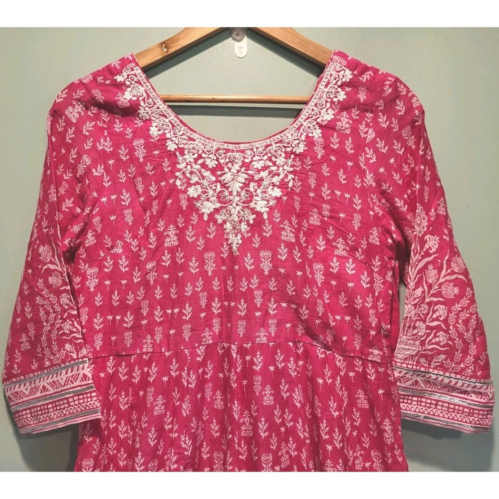 New Biba Fushcia Pink Kurta Ehnic 3/4 Sleeve Embroidered Midi Dress 34/M - Picture 2 of 9